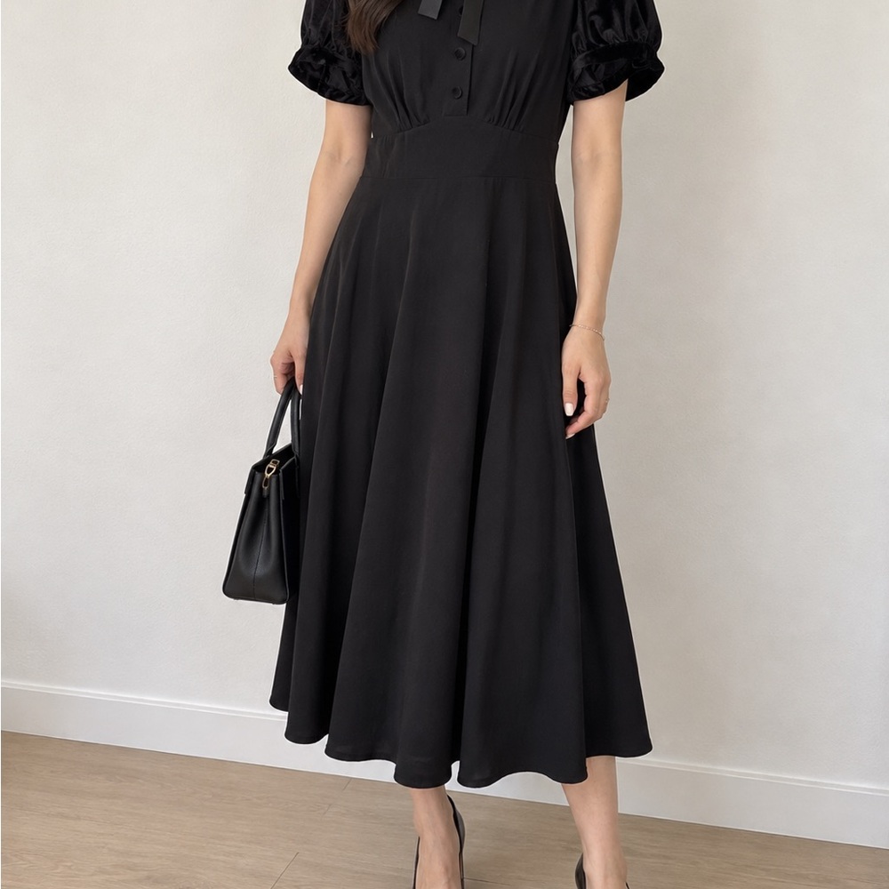 Hell Bunny Black Midi Dress with Velvet Puff Sleeves